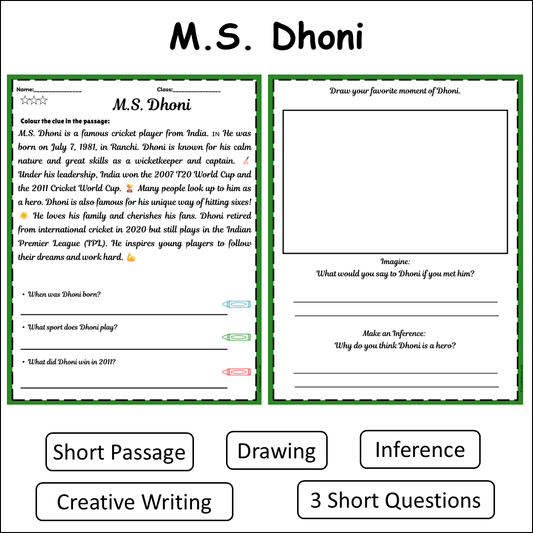 M.S. Dhoni | Short Reading Comprehension Creative Worksheet
