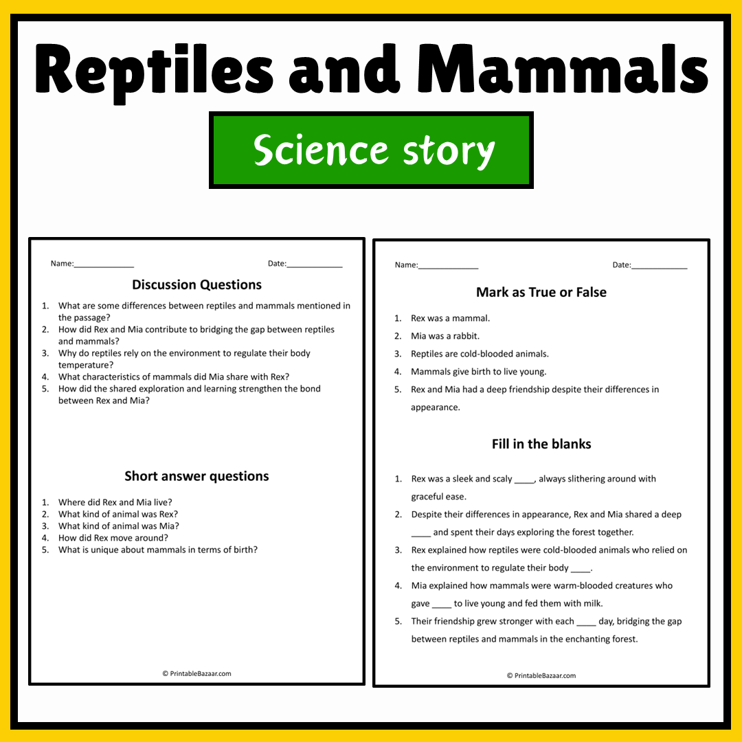 Reptiles and Mammals | Science Story Reading Comprehension Activity