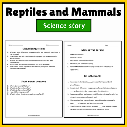 Reptiles and Mammals | Science Story Reading Comprehension Activity
