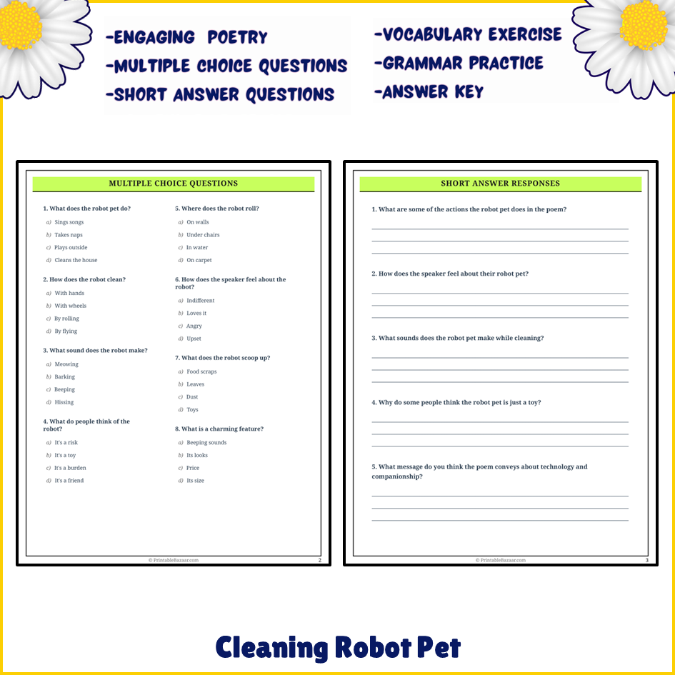 Cleaning Robot Pet | Poem Grammar Worksheet Printable Activity