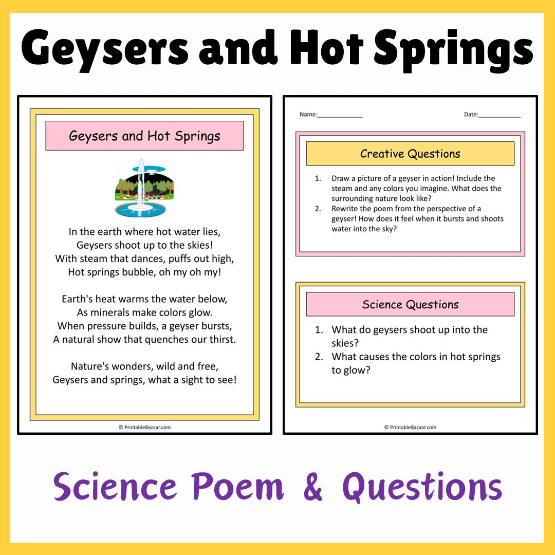 Geysers and Hot Springs | Science Poem Reading Comprehension Activity