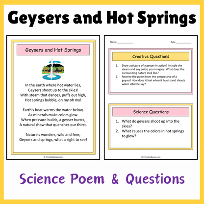 Geysers and Hot Springs | Science Poem Reading Comprehension Activity