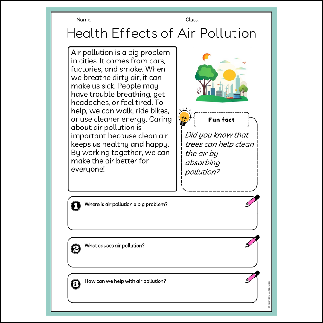 Health Effects of Air Pollution | Reading Passage Comprehension Questions Writing Facts Worksheet