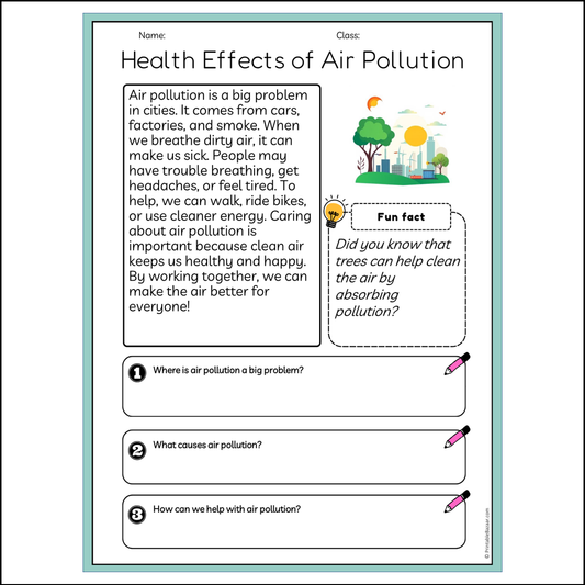 Health Effects of Air Pollution | Reading Passage Comprehension Questions Writing Facts Worksheet