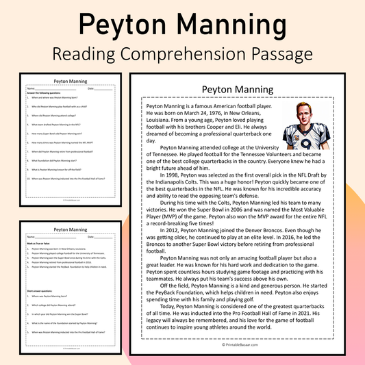 Peyton Manning | Reading Comprehension Passage Printable Activity