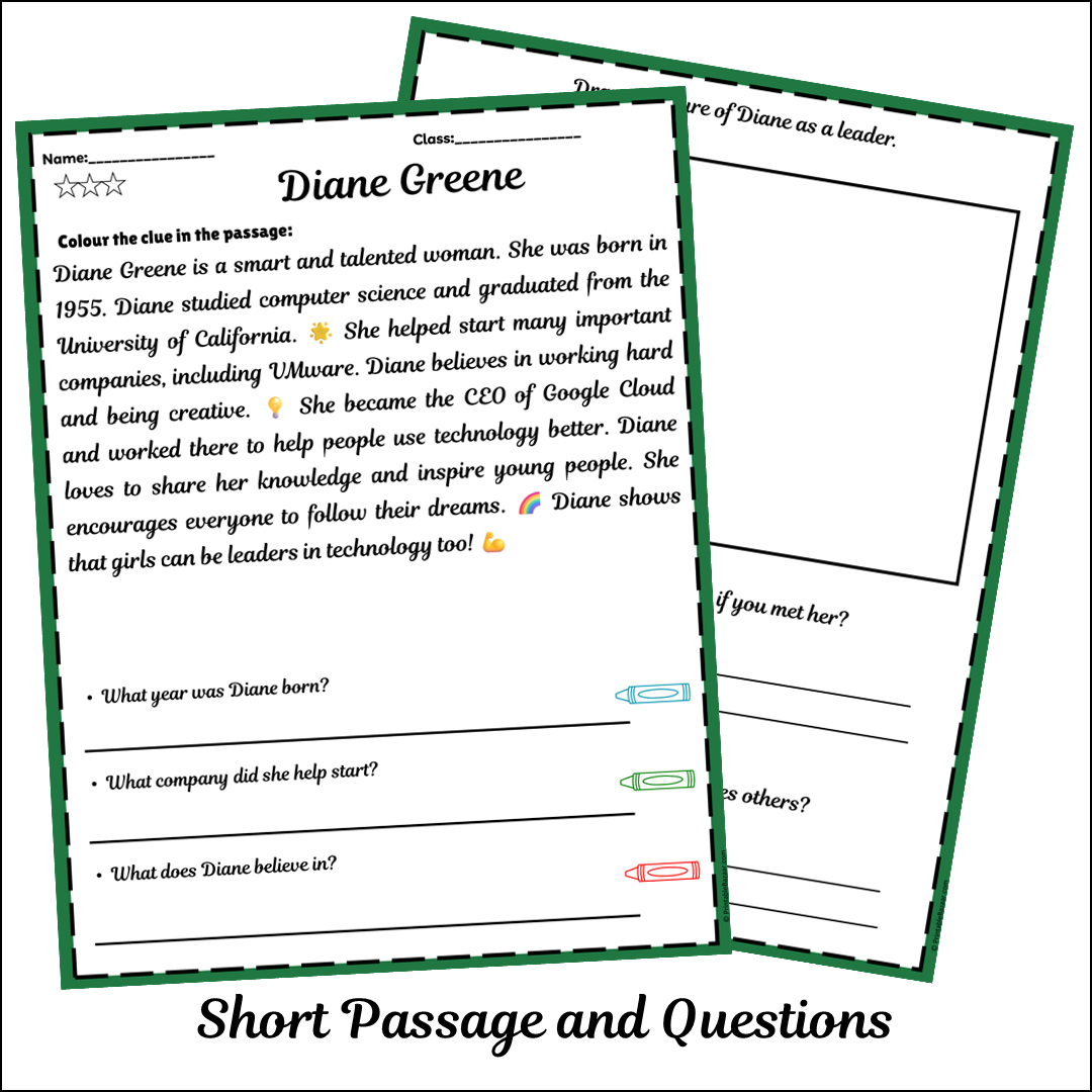 Diane Greene | Short Reading Comprehension Creative Worksheet