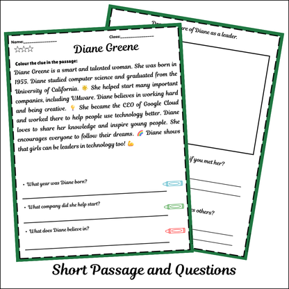 Diane Greene | Short Reading Comprehension Creative Worksheet