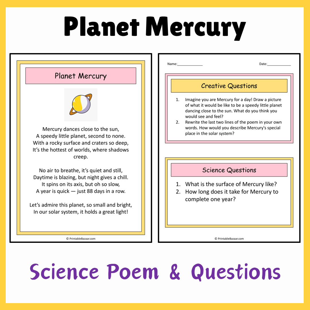 Planet Mercury | Science Poem Reading Comprehension Activity