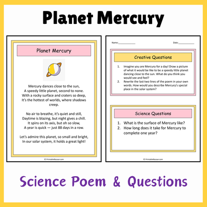 Planet Mercury | Science Poem Reading Comprehension Activity