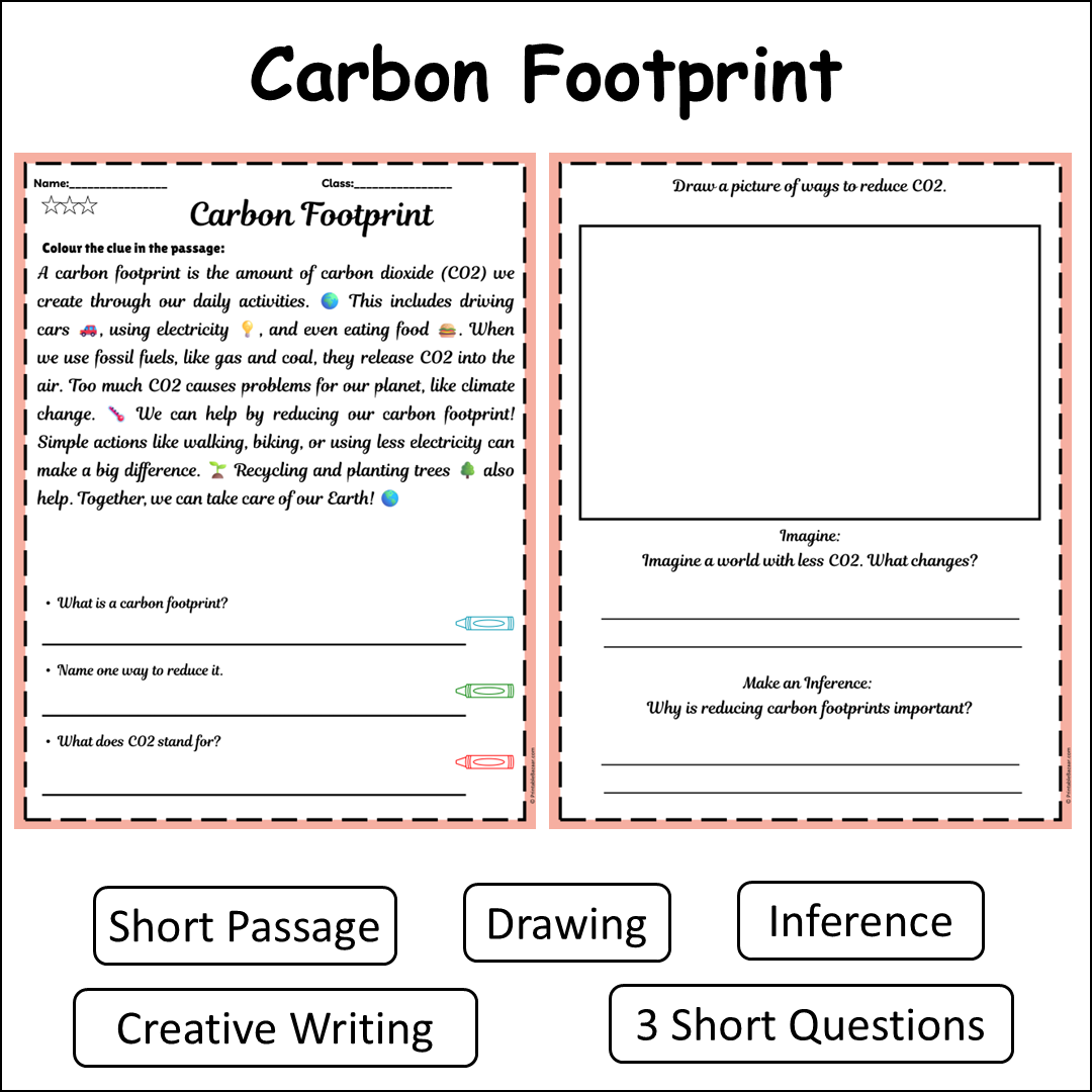 Carbon Footprint | Short Reading Comprehension Creative Worksheet