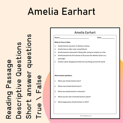 Amelia Earhart | Reading Comprehension Passage Printable Activity