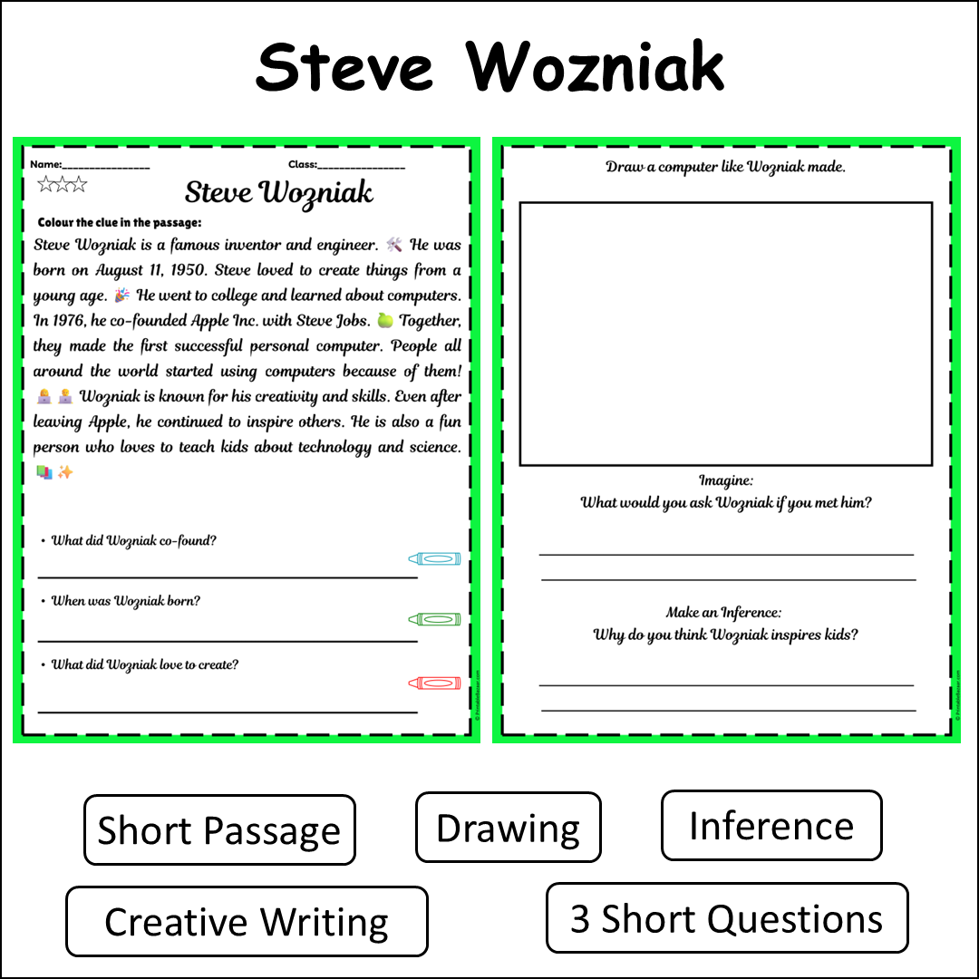 Steve Wozniak | Short Reading Comprehension Creative Worksheet