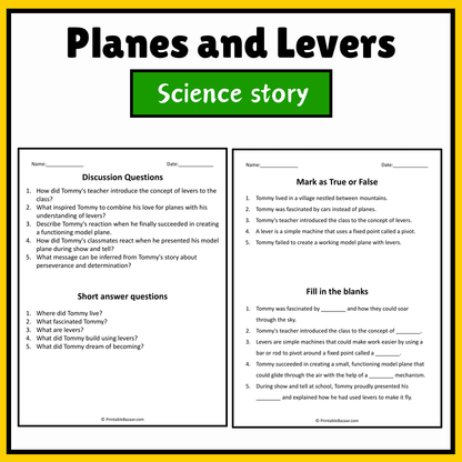Planes and Levers | Science Story Reading Comprehension Activity
