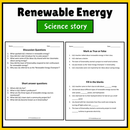 Renewable Energy | Science Story Reading Comprehension Activity