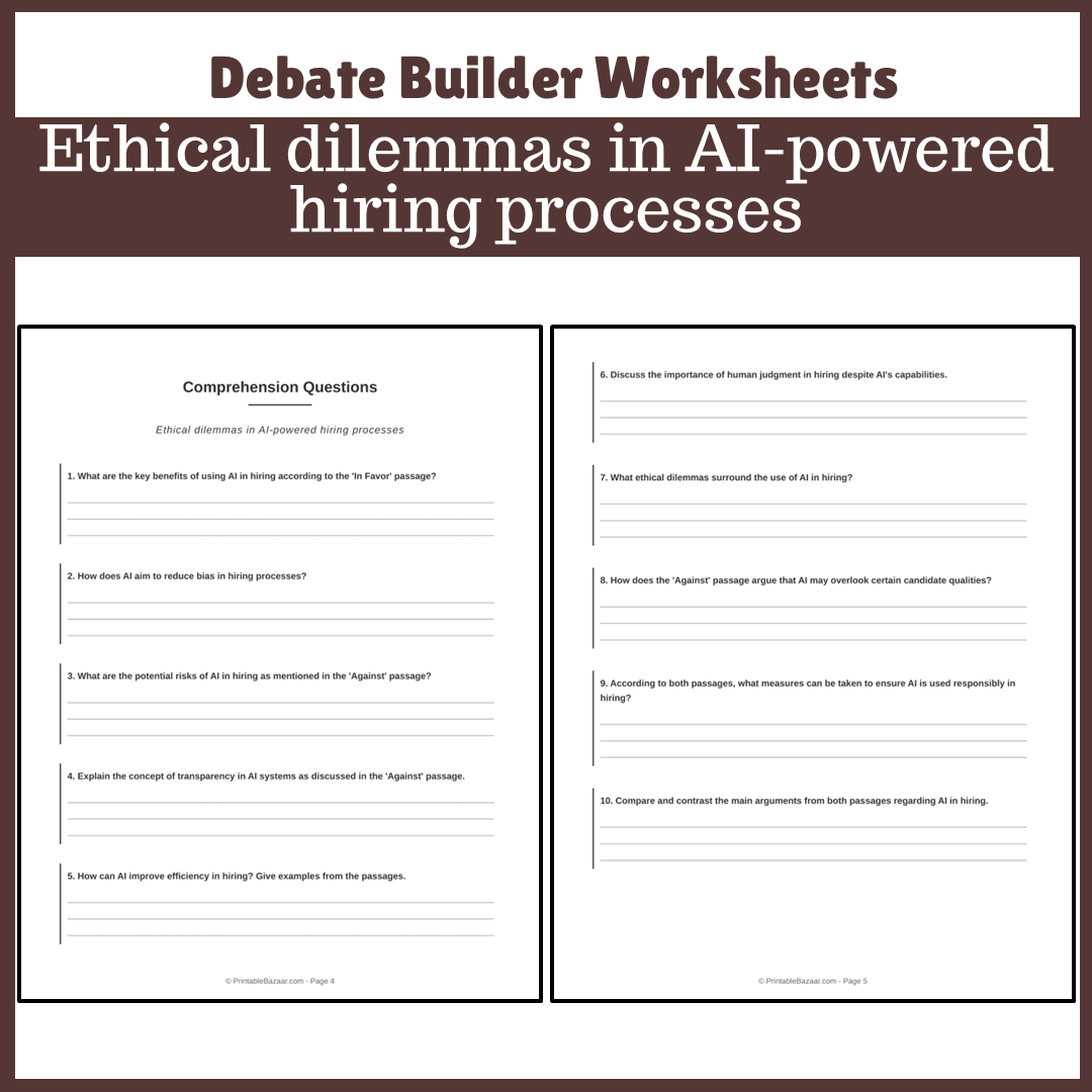 Ethical dilemmas in AI-powered hiring processes | Favour and Against Worksheet Printable Activity