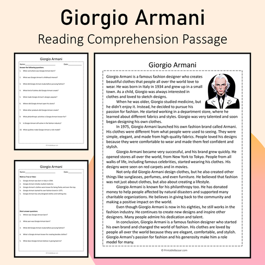 Giorgio Armani | Reading Comprehension Passage Printable Activity