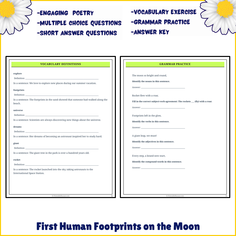 First Human Footprints on the Moon | Poem Grammar Worksheet Printable Activity