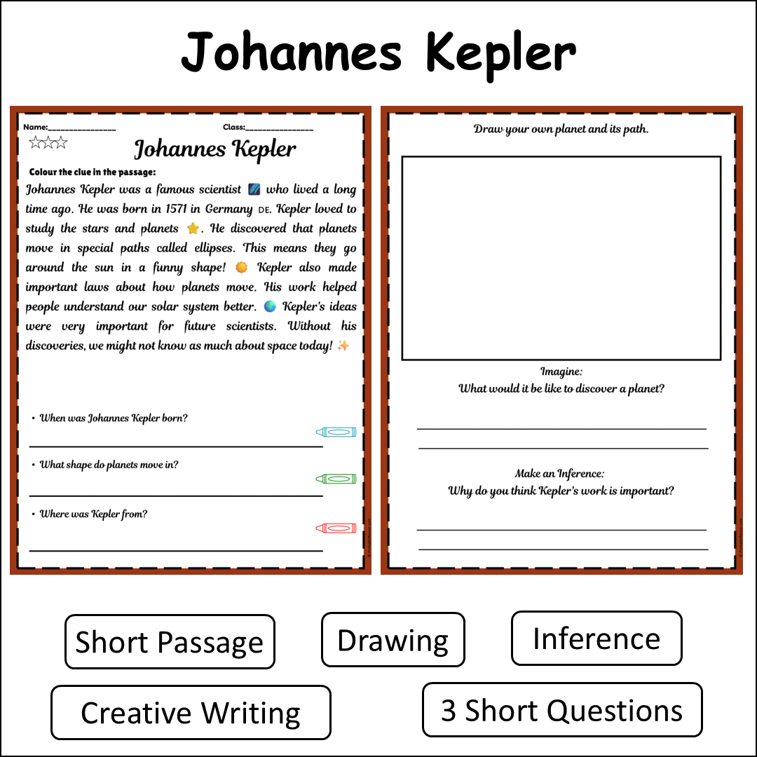 Johannes Kepler | Short Reading Comprehension Creative Worksheet