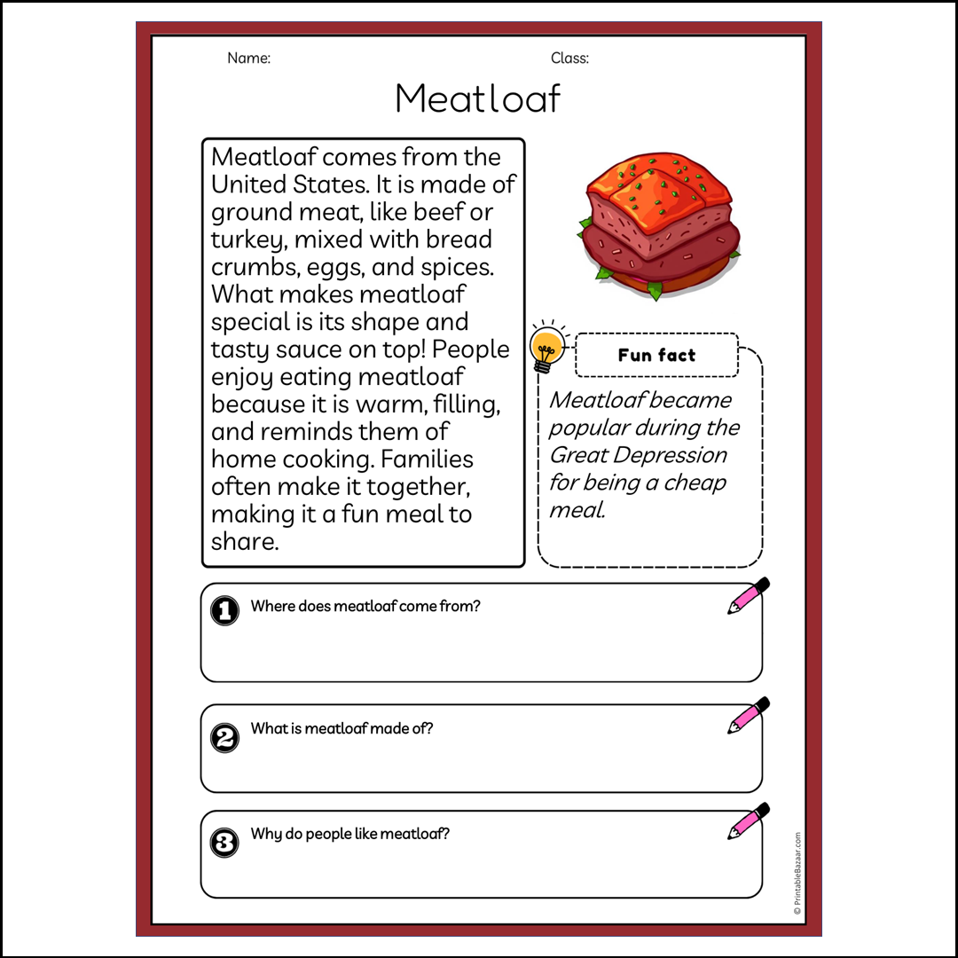 Meatloaf | Reading Passage Comprehension Questions Writing Facts Worksheet