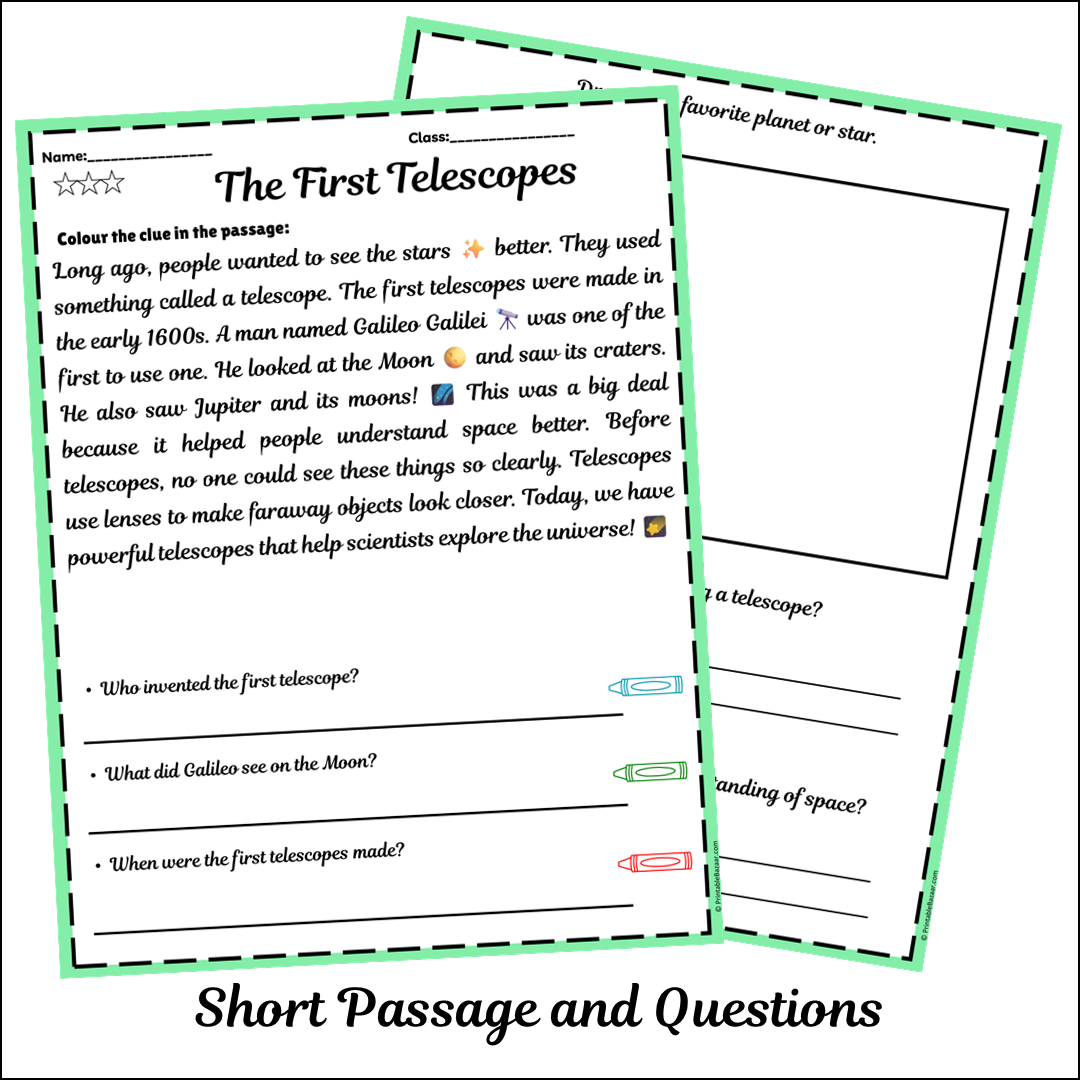 The First Telescopes | Short Reading Comprehension Creative Worksheet