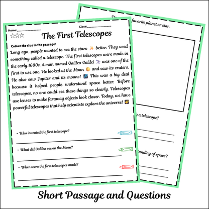 The First Telescopes | Short Reading Comprehension Creative Worksheet