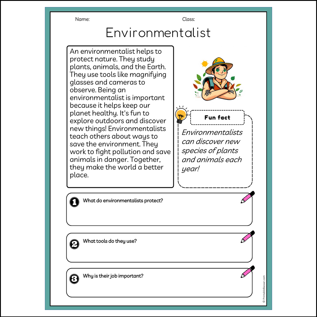 Environmentalist | Reading Passage Comprehension Questions Writing Facts Worksheet