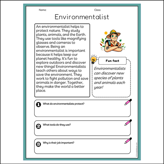 Environmentalist | Reading Passage Comprehension Questions Writing Facts Worksheet