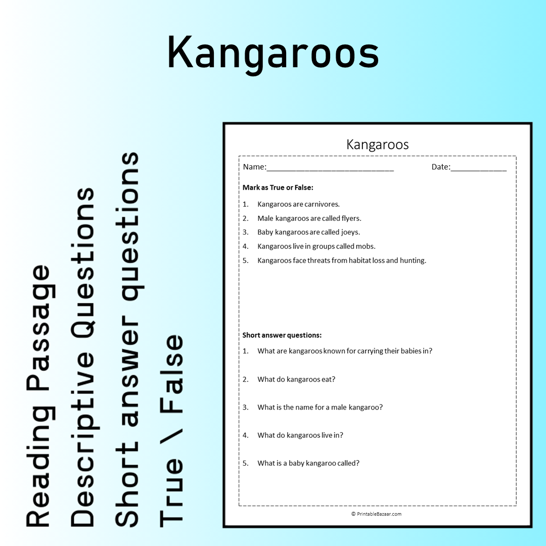 Kangaroos | Reading Comprehension Passage Printable Worksheet