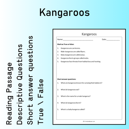 Kangaroos | Reading Comprehension Passage Printable Worksheet