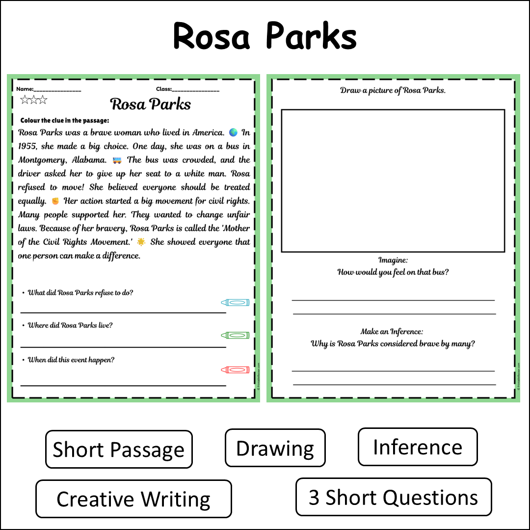 Rosa Parks | Short Reading Comprehension Creative Worksheet