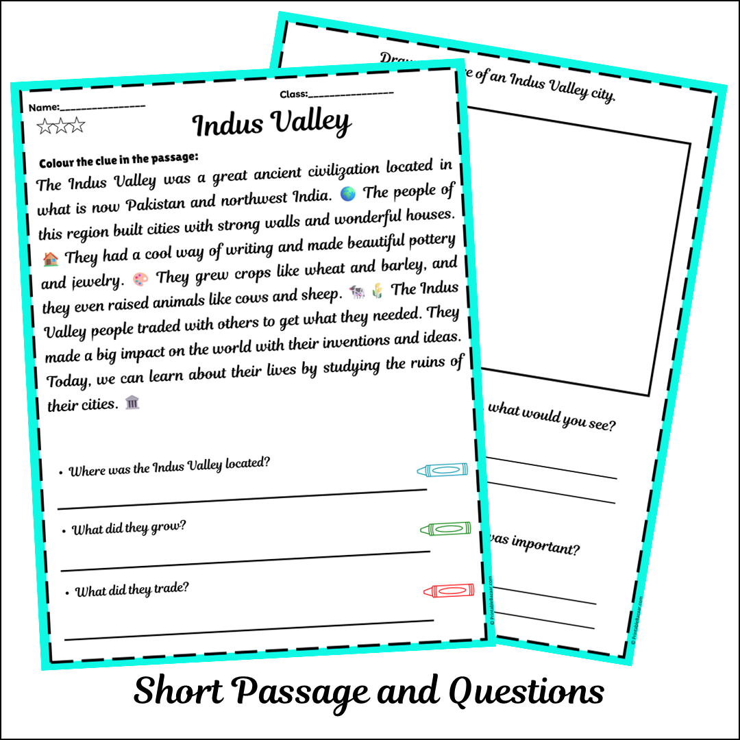 Indus Valley | Short Reading Comprehension Creative Worksheet