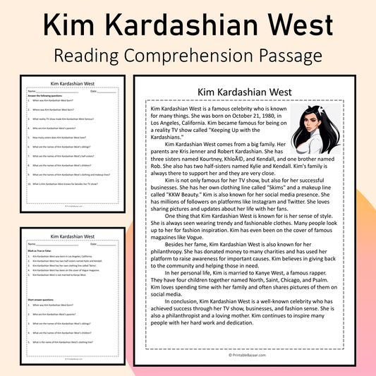 Kim Kardashian West | Reading Comprehension Passage Printable Activity