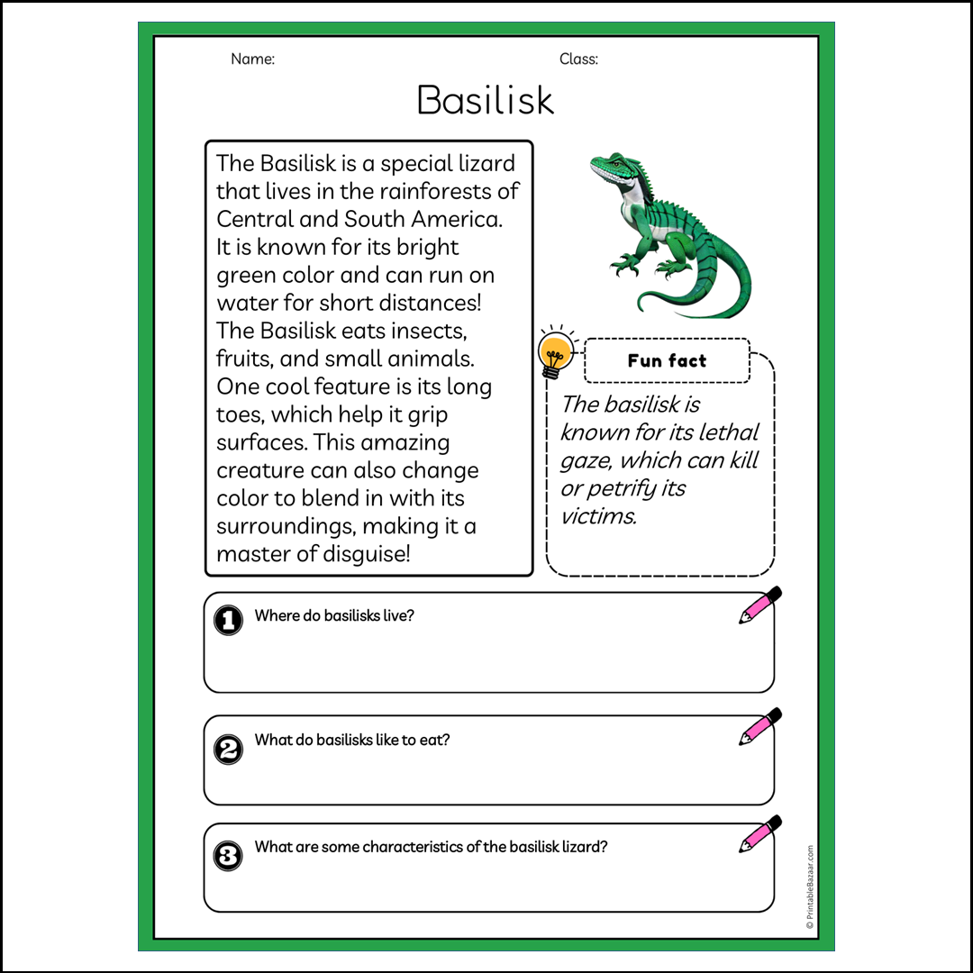 Basilisk | Reading Passage Comprehension Questions Writing Facts Worksheet