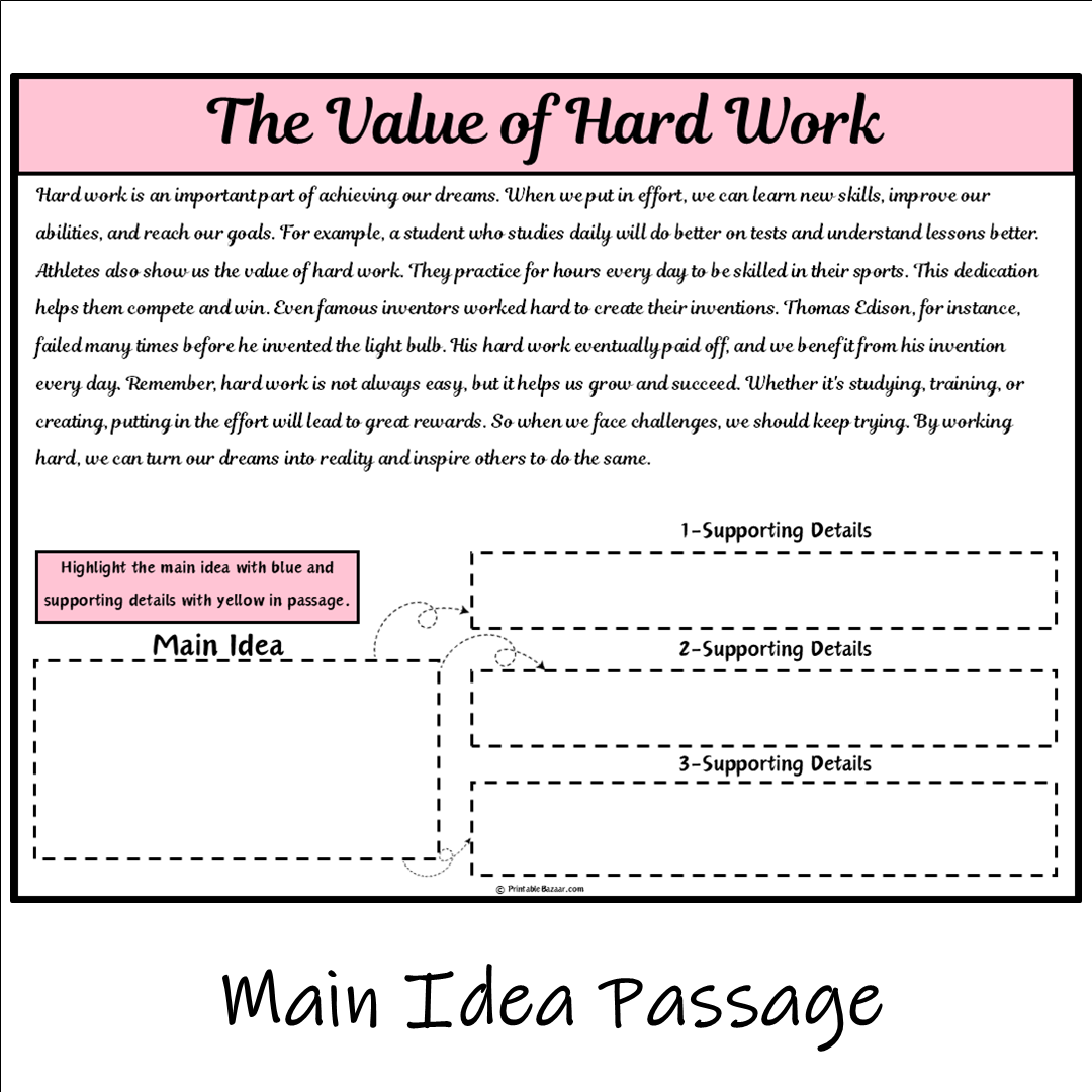 The Value of Hard Work | Main Idea and Supporting Details Reading Passage and Questions