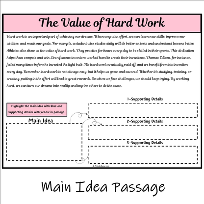 The Value of Hard Work | Main Idea and Supporting Details Reading Passage and Questions