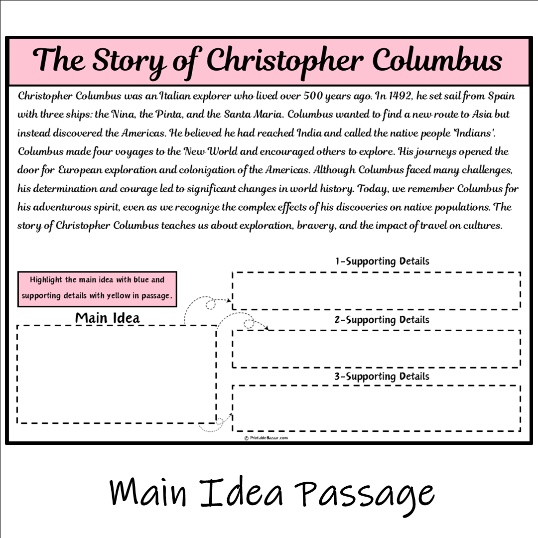 The Story of Christopher Columbus | Main Idea and Supporting Details Reading Passage and Questions