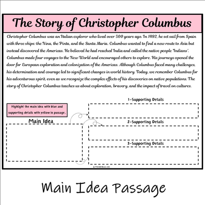 The Story of Christopher Columbus | Main Idea and Supporting Details Reading Passage and Questions