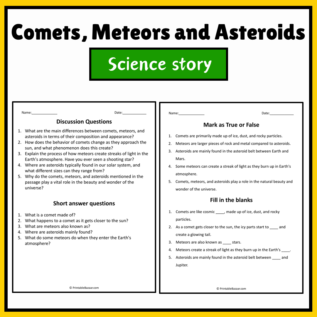 Comets, Meteors and Asteroids | Science Story Reading Comprehension Activity
