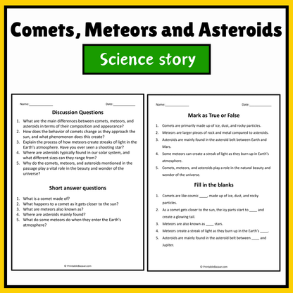 Comets, Meteors and Asteroids | Science Story Reading Comprehension Activity
