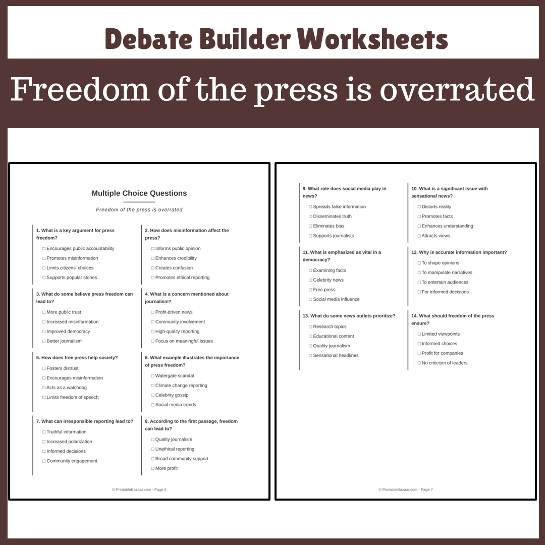 Freedom of the press is overrated | Favour and Against Worksheet Printable Activity