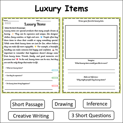 Luxury Items | Short Reading Comprehension Creative Worksheet