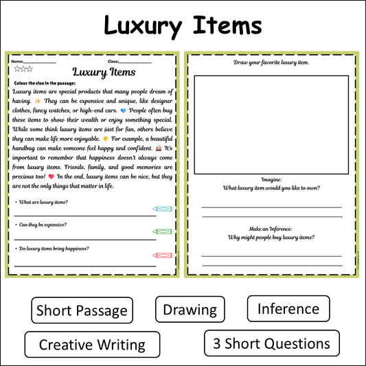 Luxury Items | Short Reading Comprehension Creative Worksheet