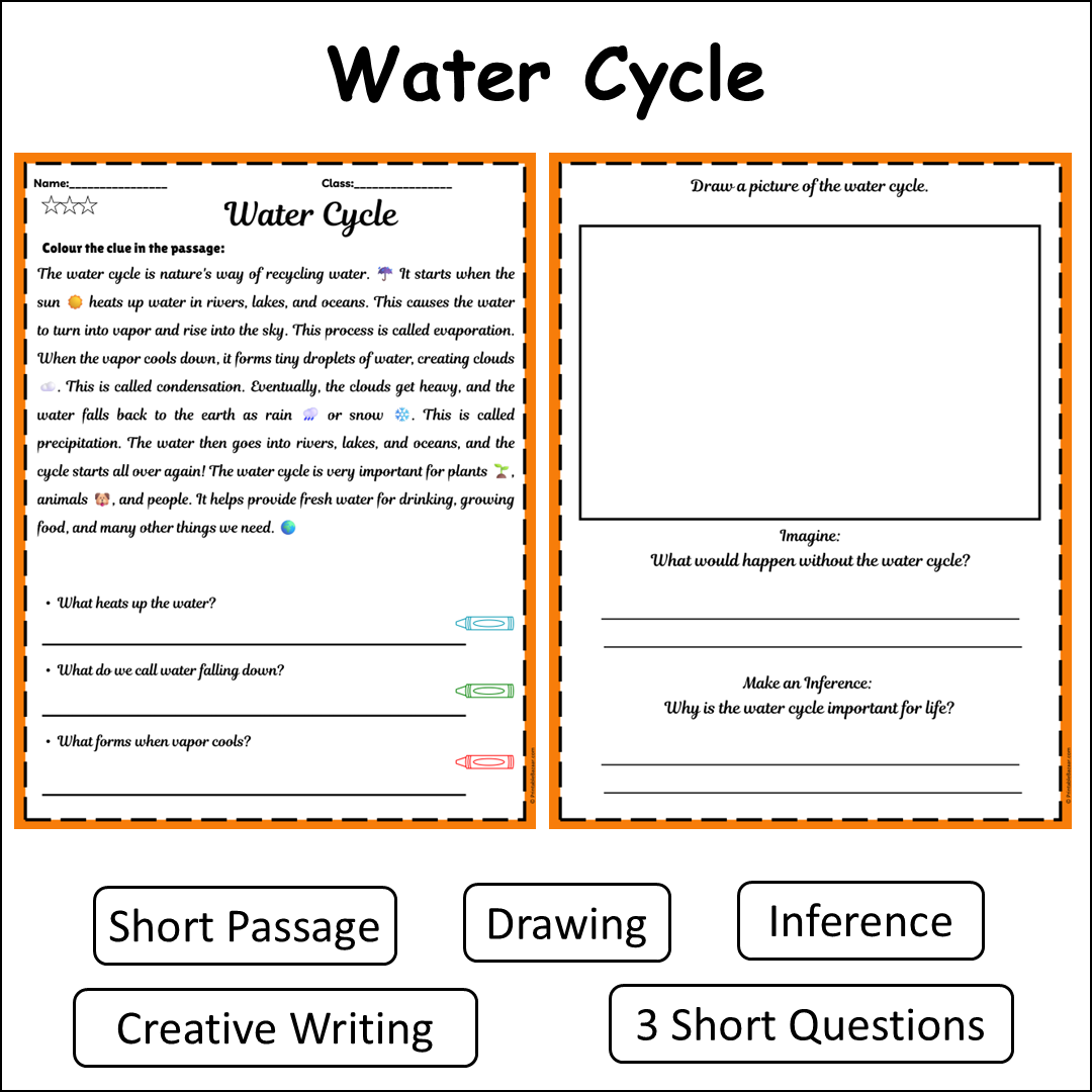 Water Cycle | Short Reading Comprehension Creative Worksheet