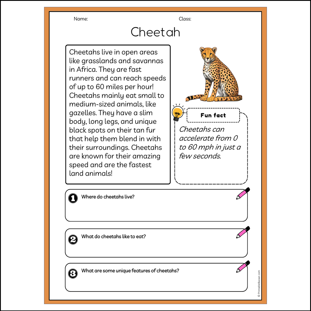 Cheetah | Reading Passage Comprehension Questions Writing Facts Worksheet