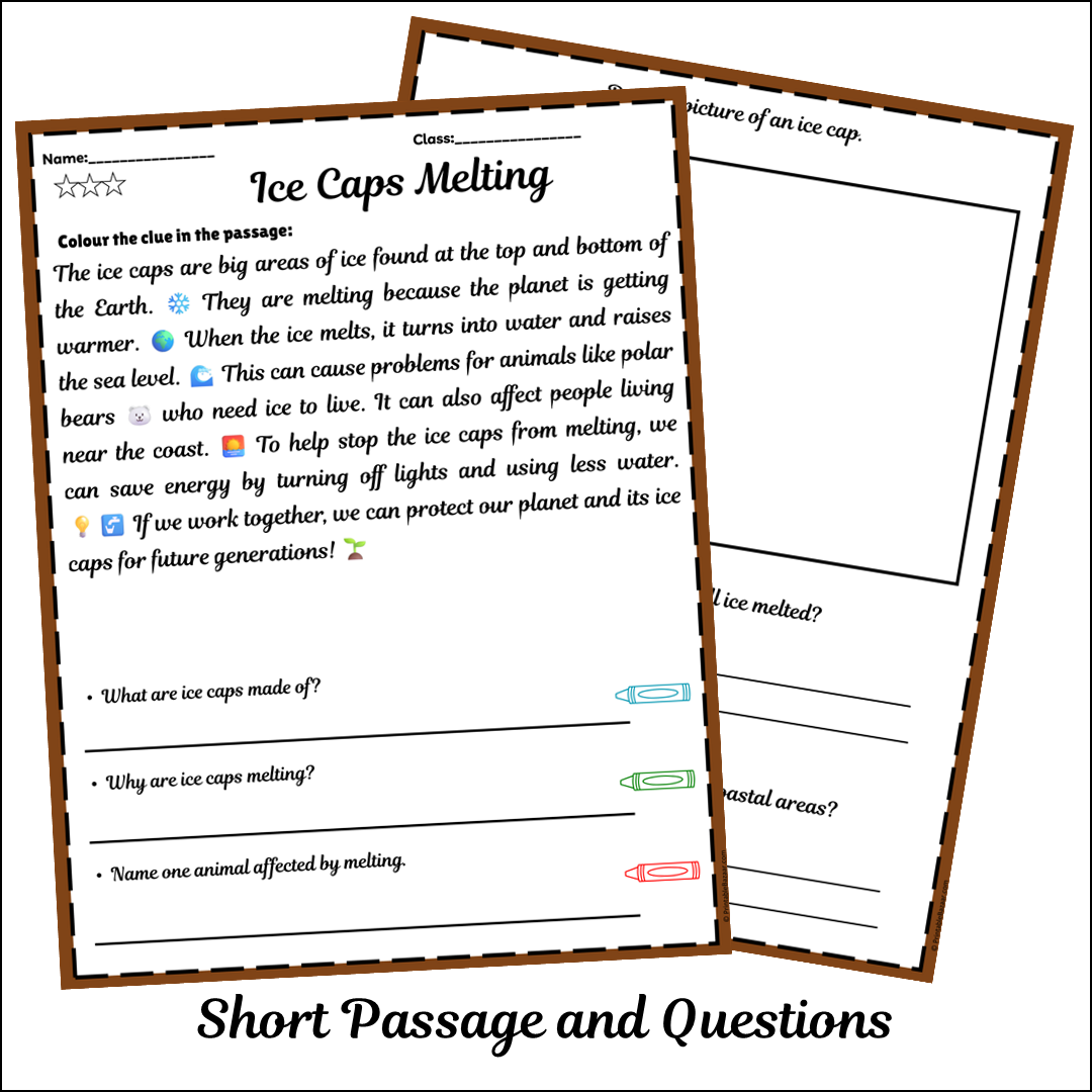 Ice Caps Melting | Short Reading Comprehension Creative Worksheet