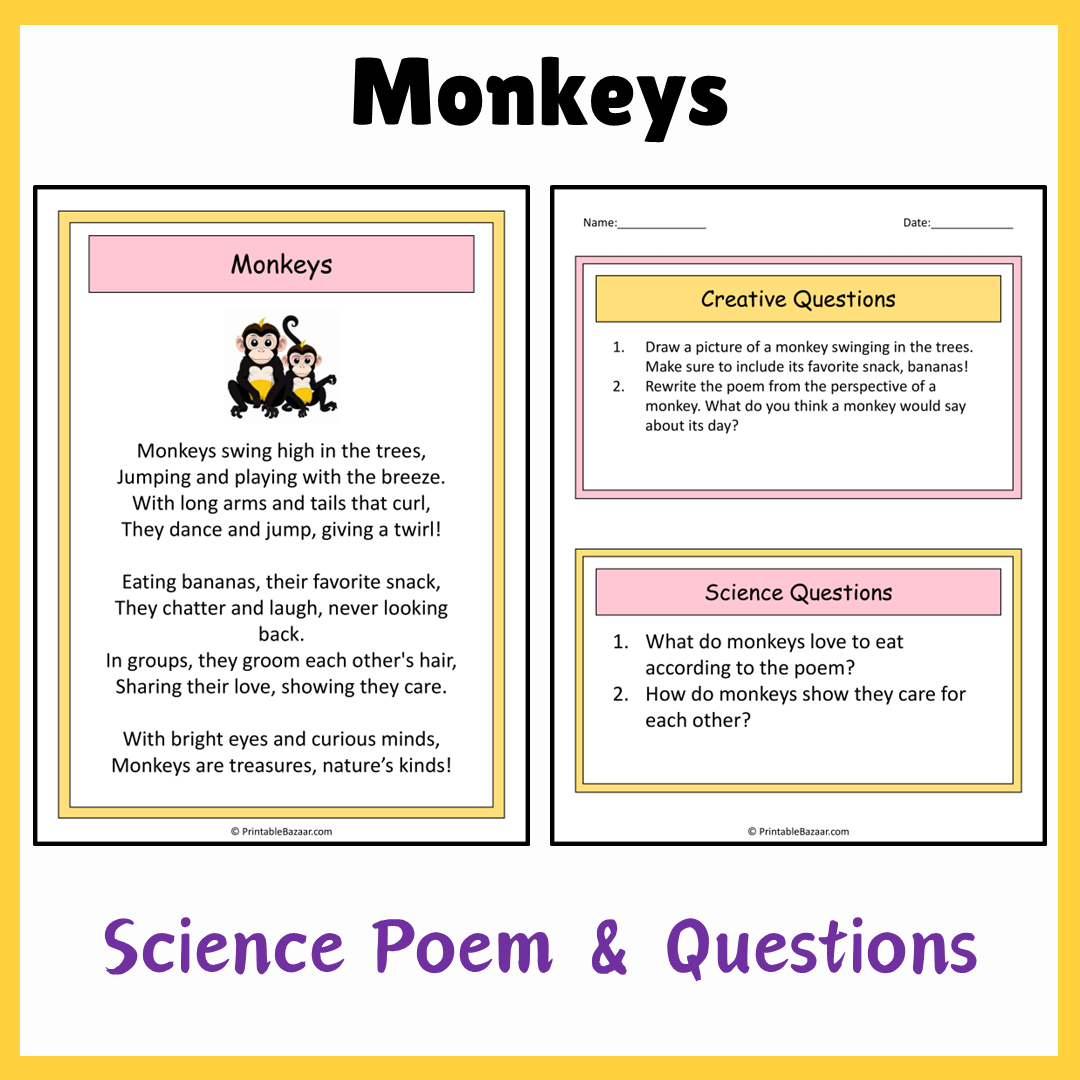 Monkeys | Science Poem Reading Comprehension Activity