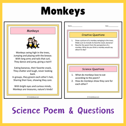 Monkeys | Science Poem Reading Comprehension Activity