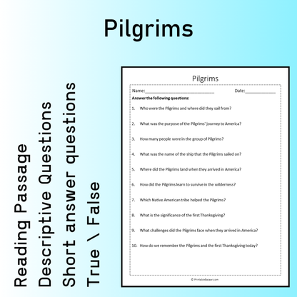 Pilgrims | Reading Comprehension Passage Printable Worksheet