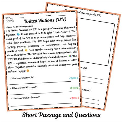 United Nations (UN) | Short Reading Comprehension Creative Worksheet