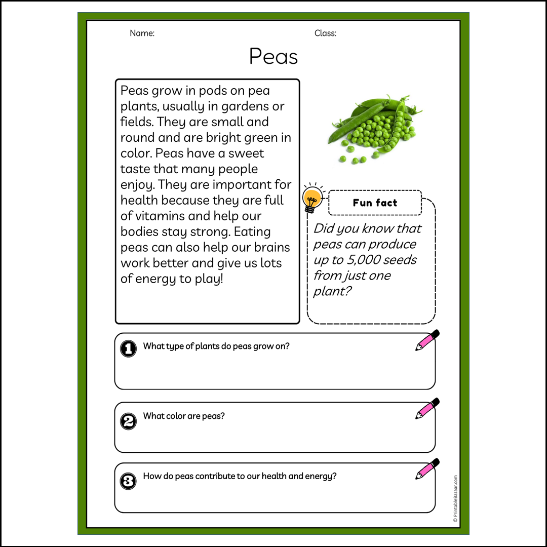 Peas | Reading Passage Comprehension Questions Writing Facts Worksheet